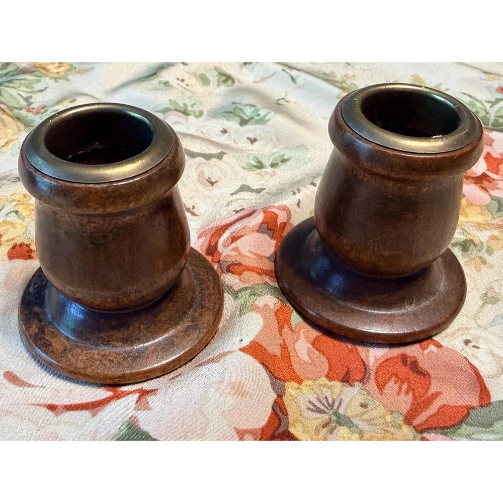 Mid Century Modern Pair of Wood and Brass Candleholders MCM